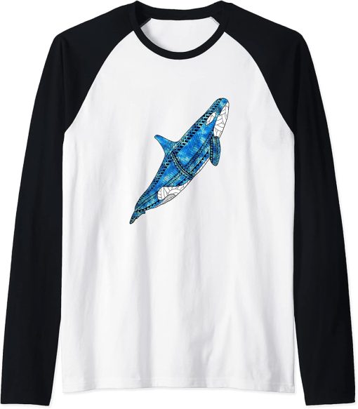 Tribal Polynesian Orca Killer Whale Tattoo Style Raglan Baseball Tee