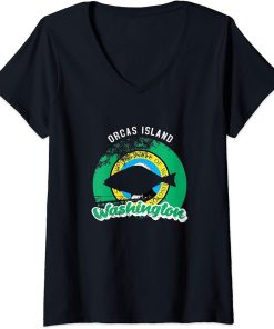 Womens Orcas Island Washington Flag Pride PNW Halibut Fisherman V-Neck T-Shirt