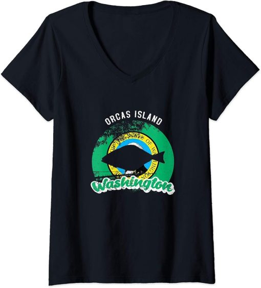 Womens Orcas Island Washington Flag Pride PNW Halibut Fisherman V-Neck T-Shirt
